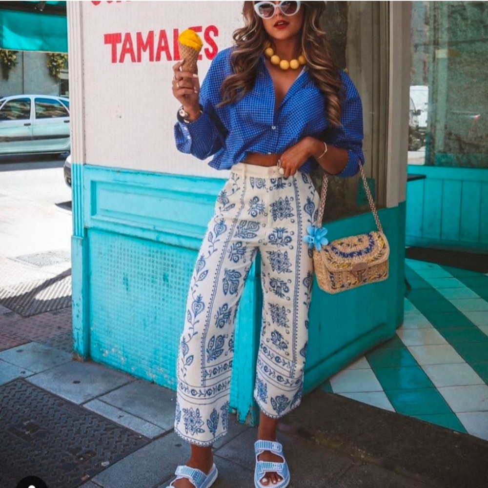 Zara Blue and White Floral Cropped Pants